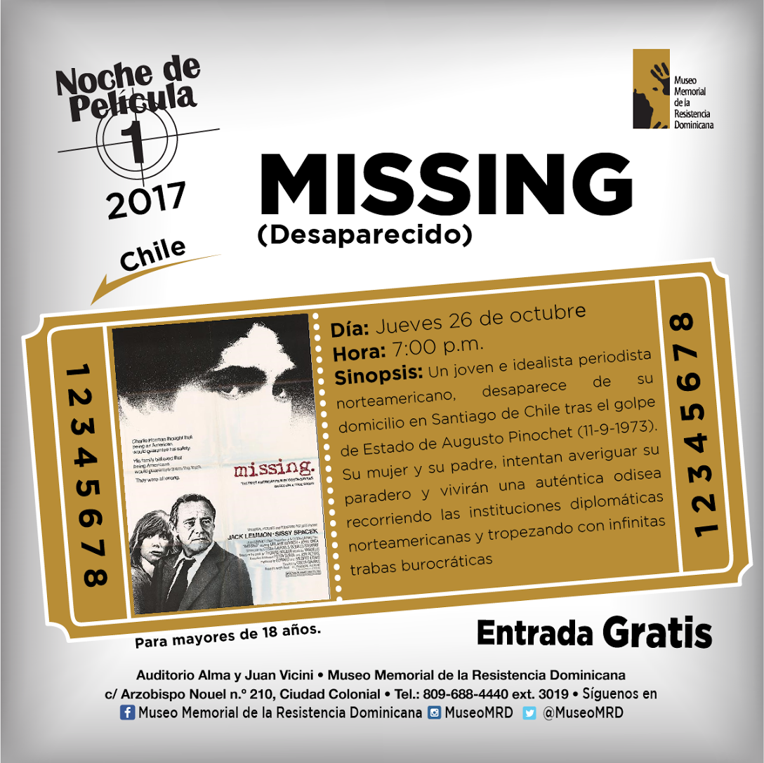  jueves 26 octubre: Noche de películas «MISSING» (Desaparecido)
