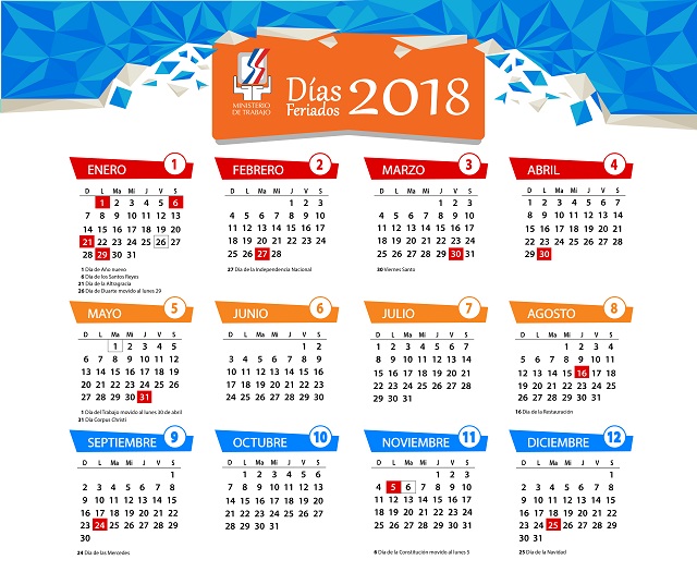  Ministerio de Trabajo reitera feriados correspondientes al año 2018