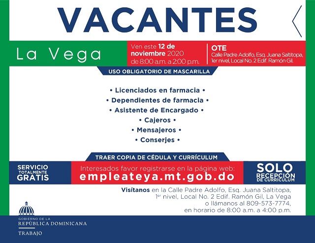  SENAE invita jornada de empleo este 12 y 13 de noviembre en La Vega para empresa de servicio
