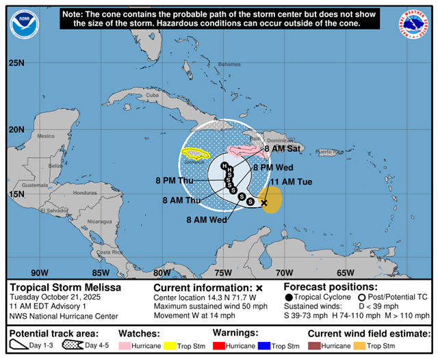  Se forma tormenta tropical Melissa en el Mar Caribe