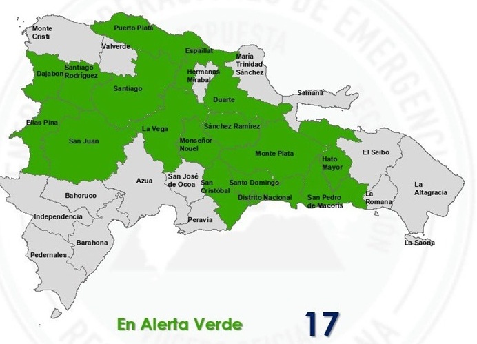  Vaguada provocará aguaceros muy fuertes; COE amplía alerta verde a 16 provincias y el Distrito Nacional